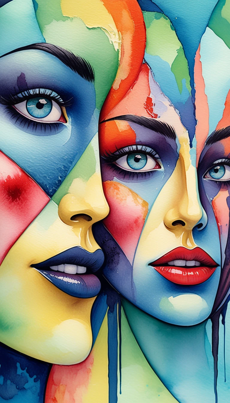 Surreal abstract portrait of two merged theatrical faces