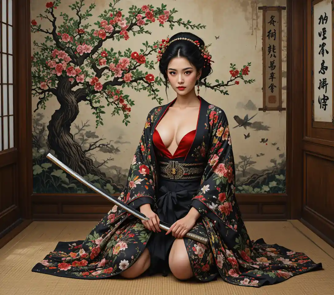 Asian warrior woman kneeling in torn kimono with katana