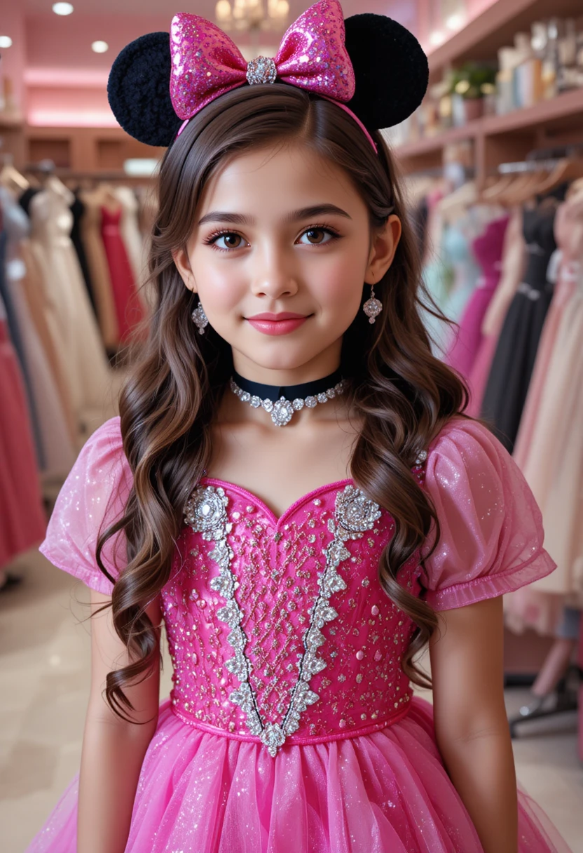 Preteen princess in hot pink Minnie Mouse dress in shop