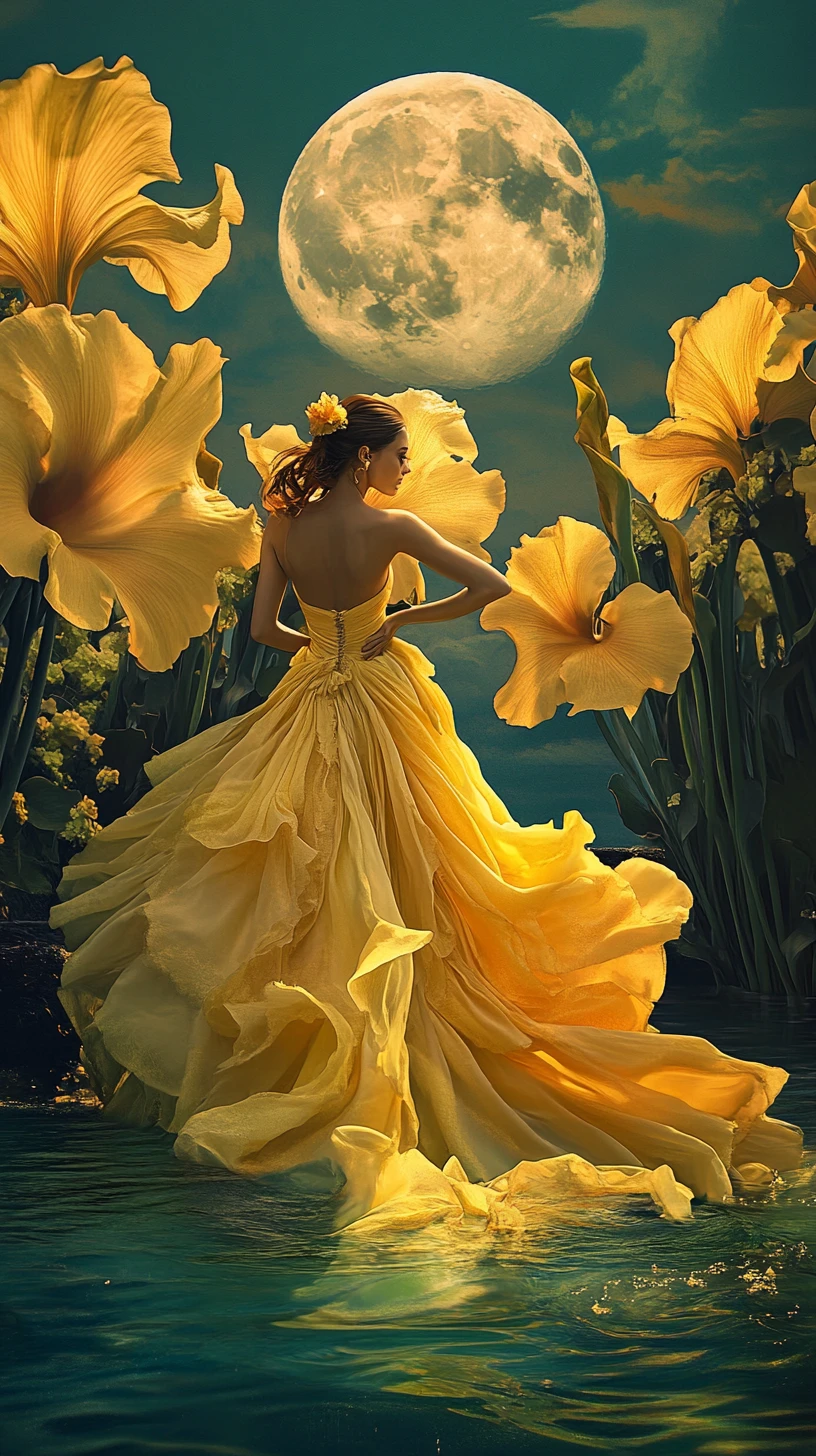 Elegant woman in yellow gown gliding across tranquil lake