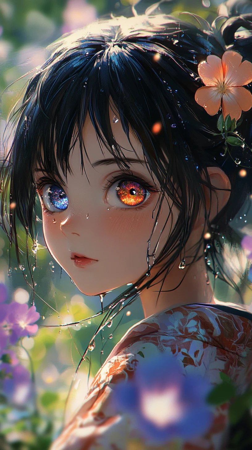 Anime girl in yukata with cosmic eyes in flower garden