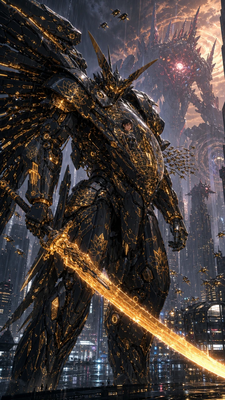 Colossal anime mecha guarding a futuristic rainy megacity