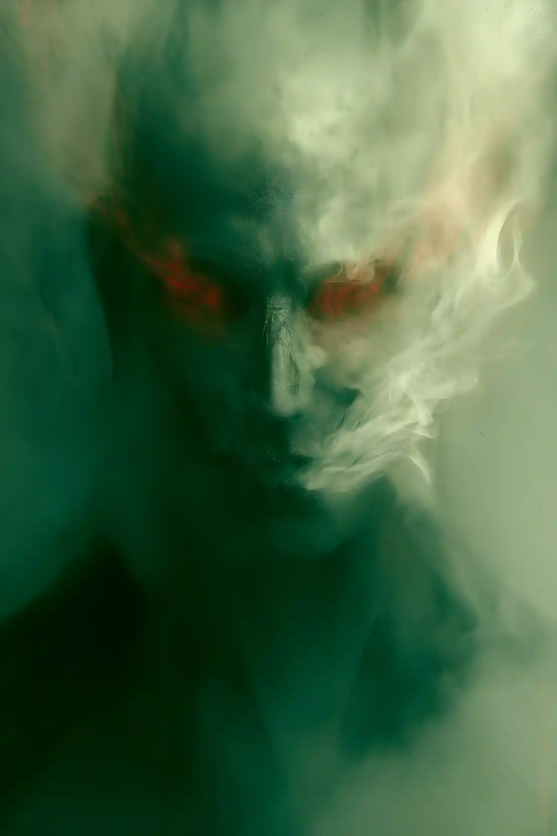 Surreal ghostly monk figure with smokey skeletal face