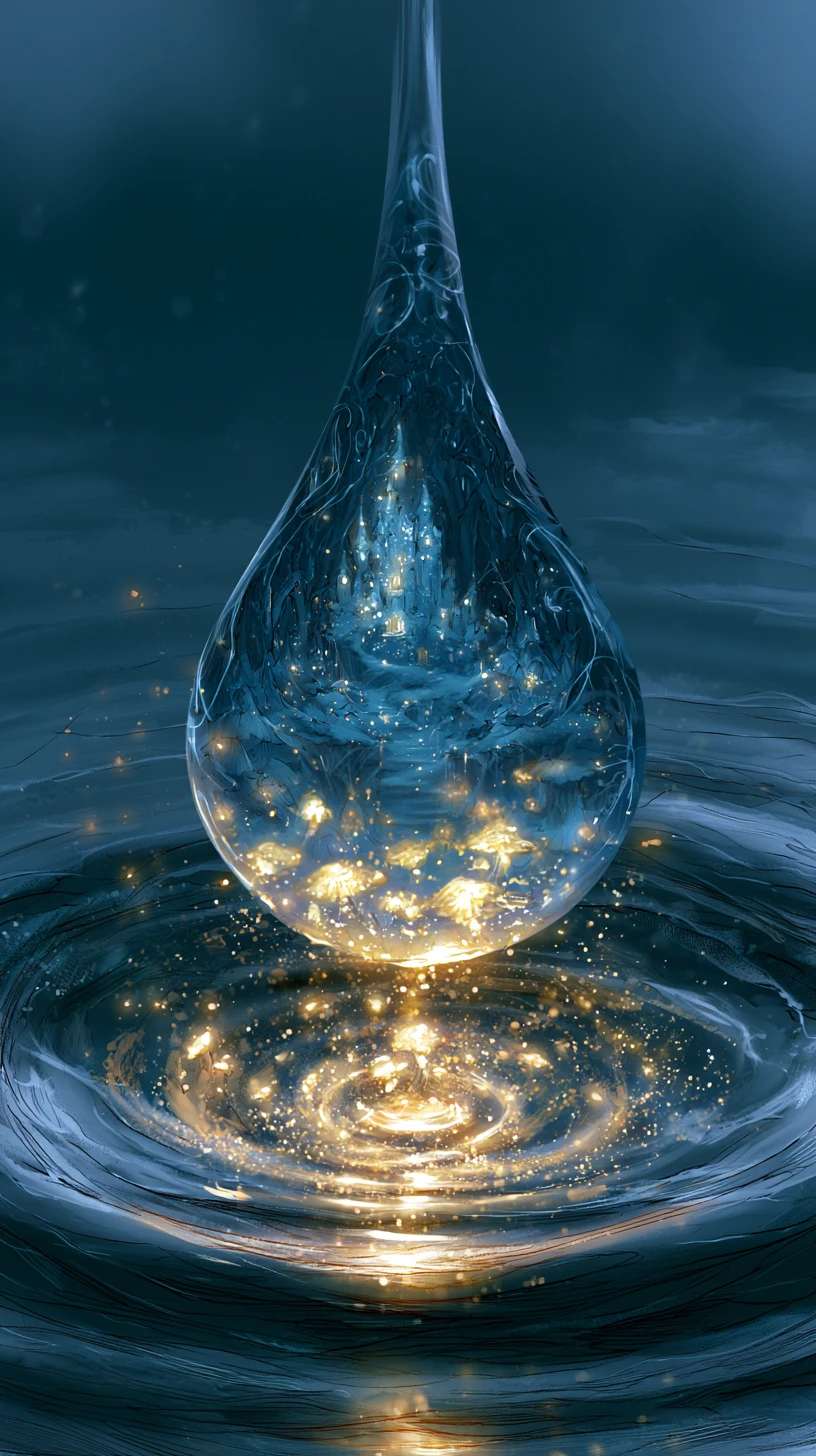 Goutte de pluie révélant un monde de forêt fantastique lumineuse