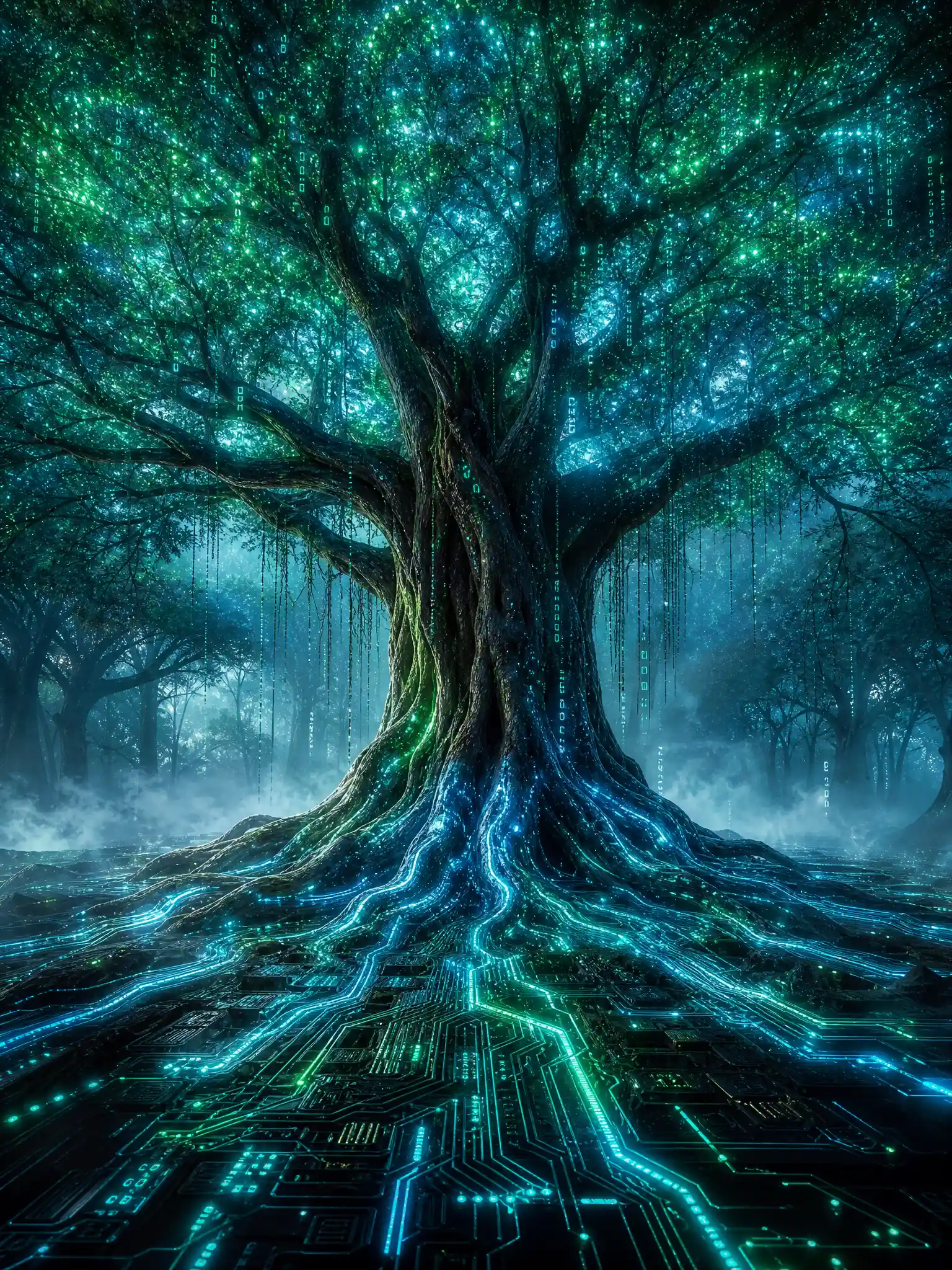 Ancient Tree Merging With Glowing Circuit Roots In Forest