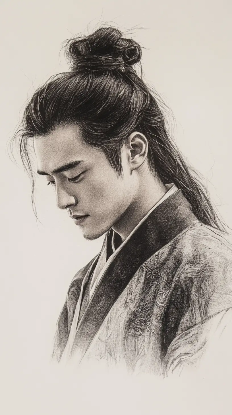 Charcoal portrait of young Asian man in traditional robes