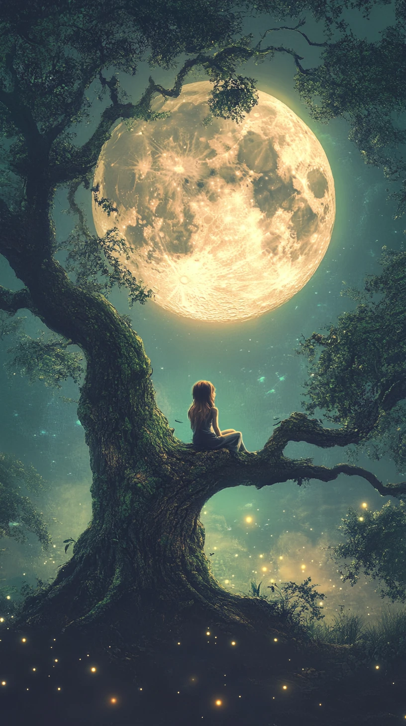 Girl On Ancient Tree Branch Under A Luminous Full Moon
