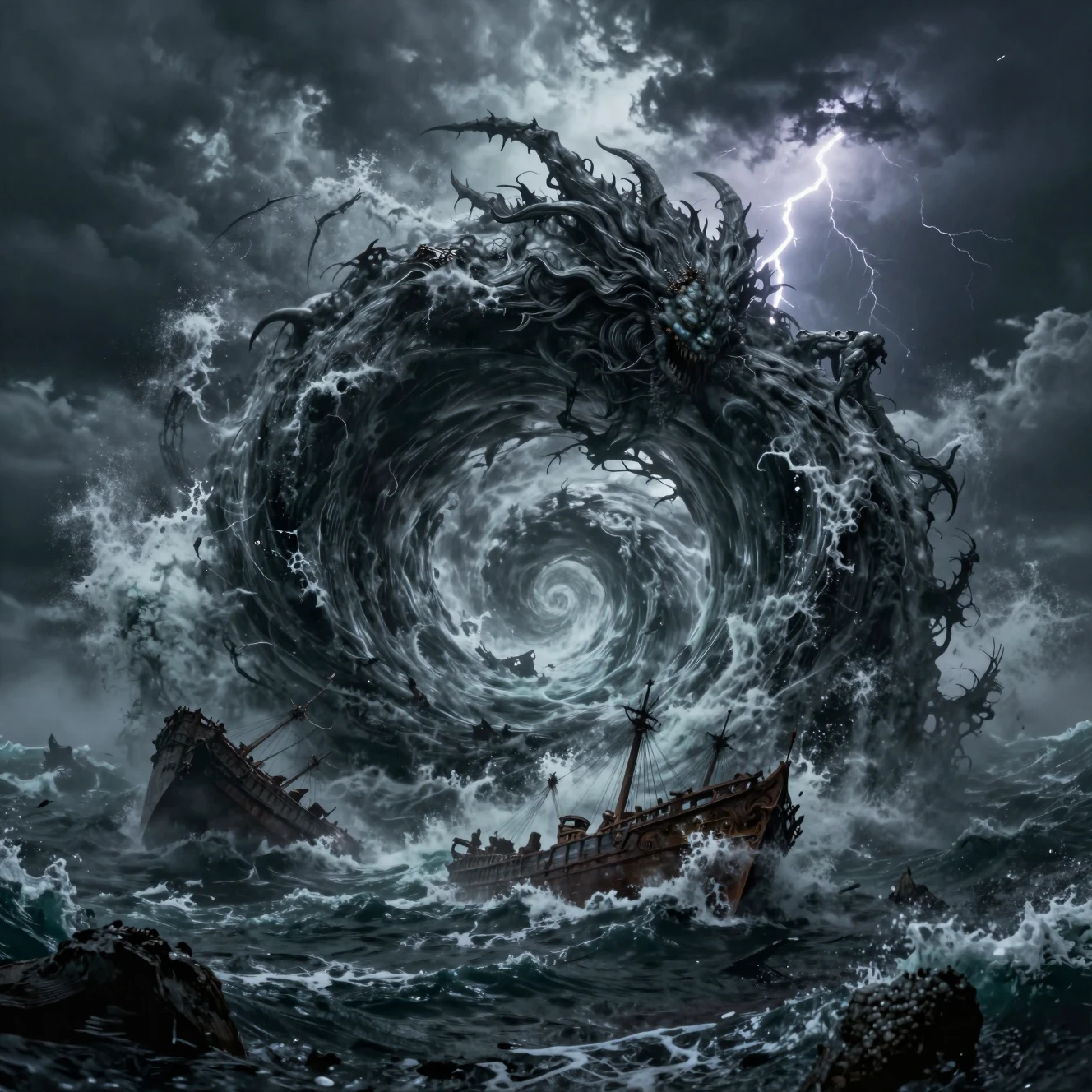 Colossal sea monster rising from a raging ocean whirlpool