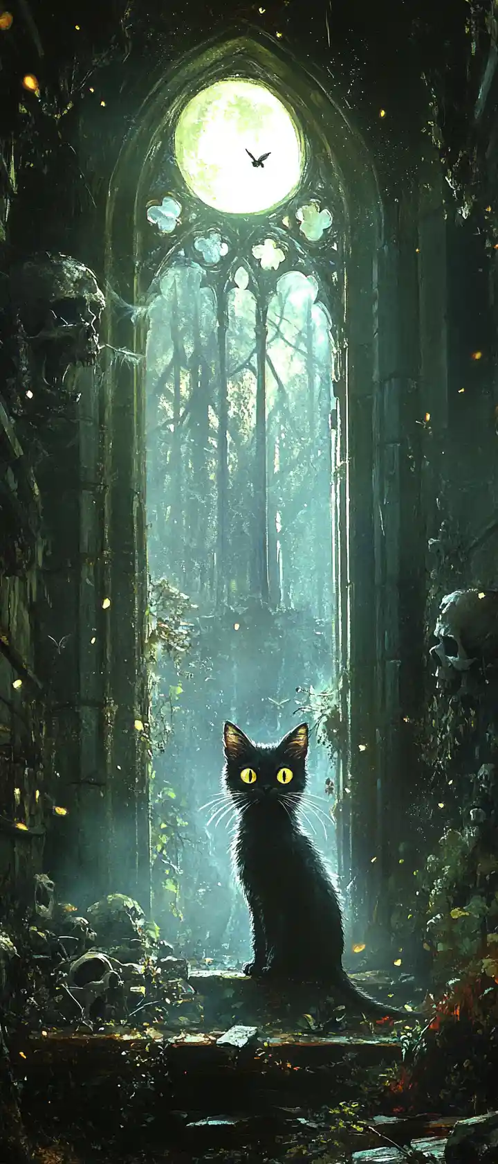 Mystical cat with moonlit eyes in a ruined gothic cathedral