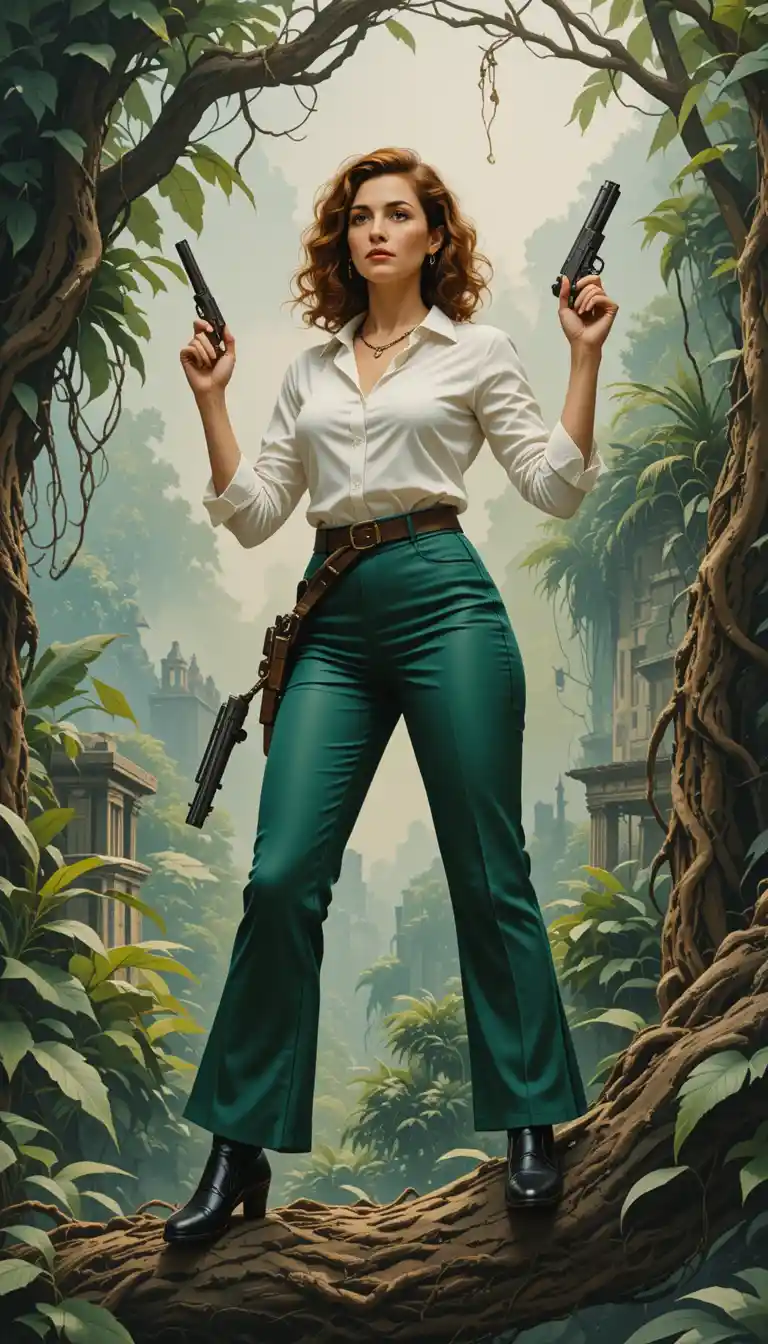 Heroic Englishwoman Adventurer Standing On A Jungle Vine