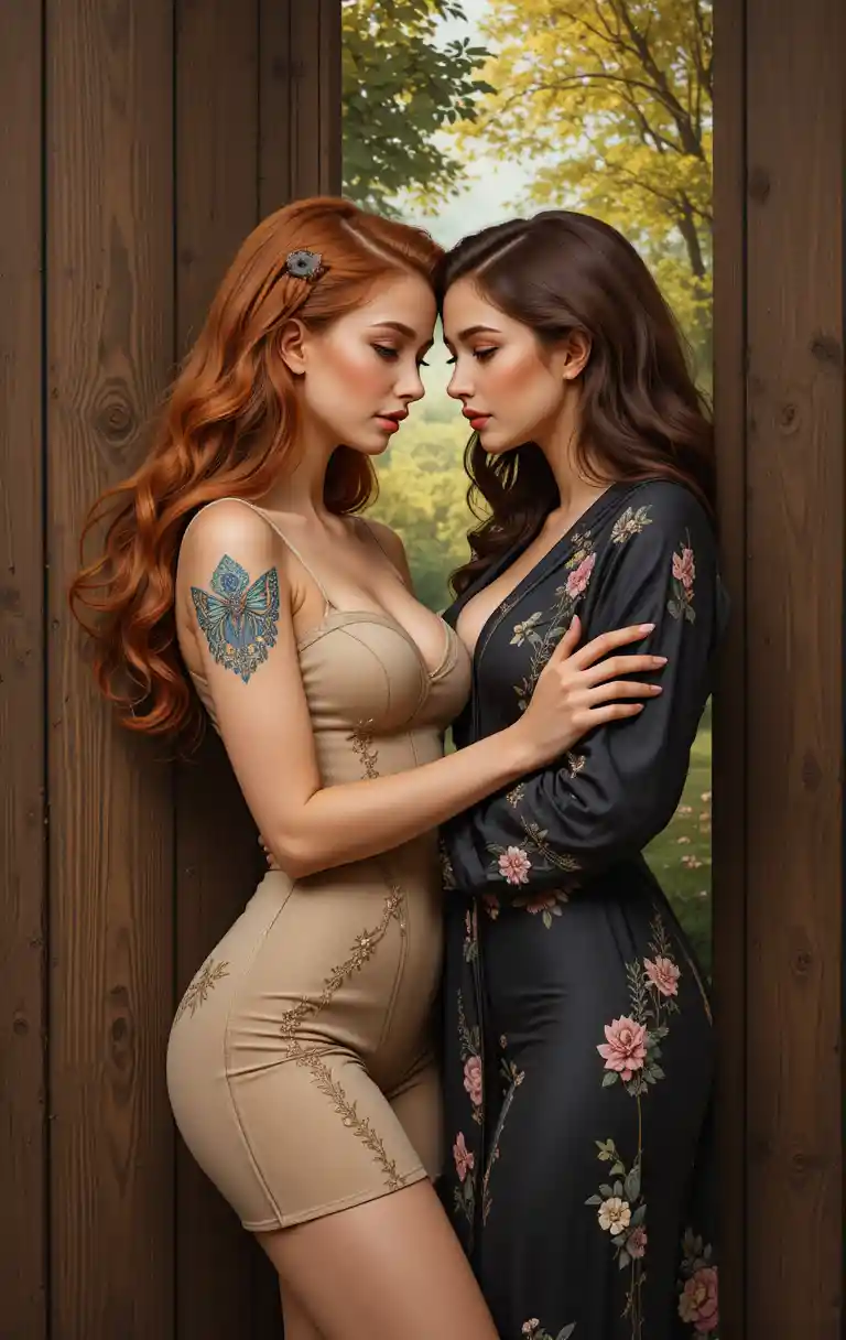 Two young women embracing by a rustic wooden wall