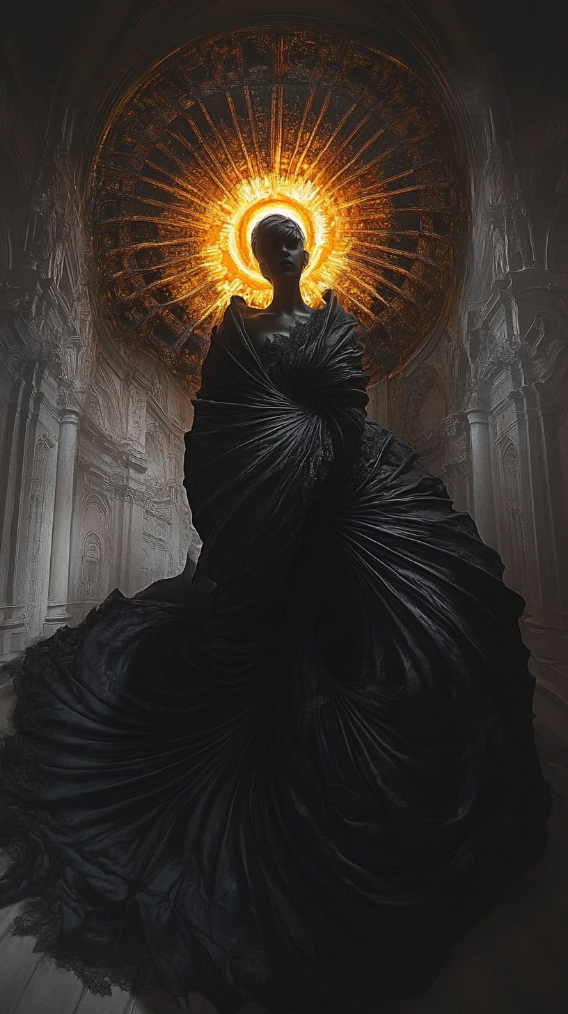 Dark couture figure with glowing cathedral vortex chest