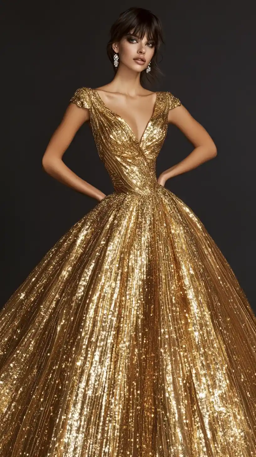 Elegant model in gold haute couture dress portrait