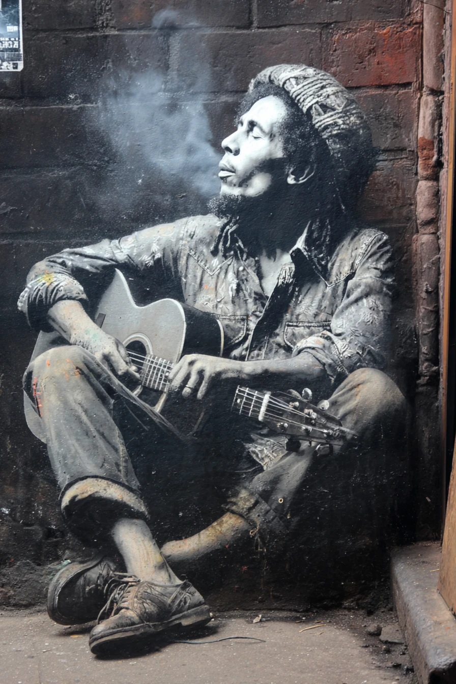 Rat musician with dreadlocks in a foggy London alley