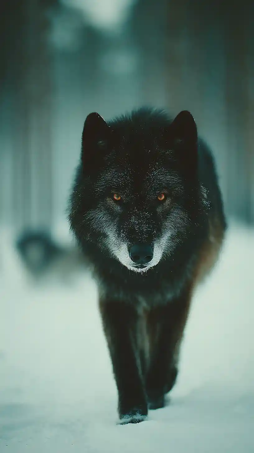 Black wolf walking through snow toward the viewer