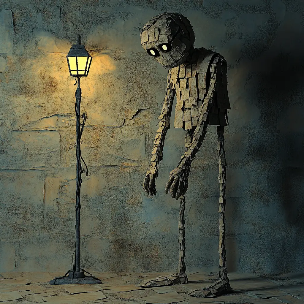Trauriger Lehm-Golem in einer surrealen apokalyptischen Stadtstraße