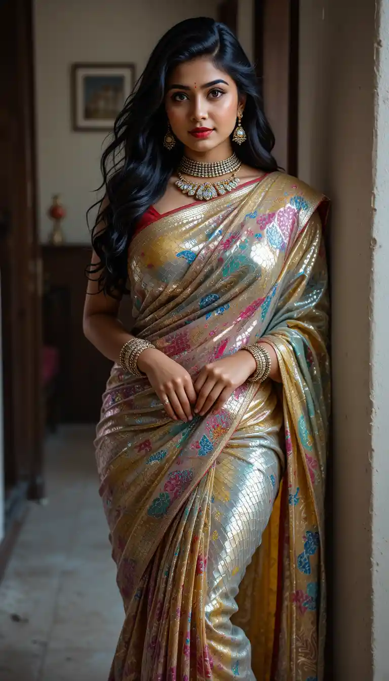 Indian woman in glossy saree bending at the waist indoors