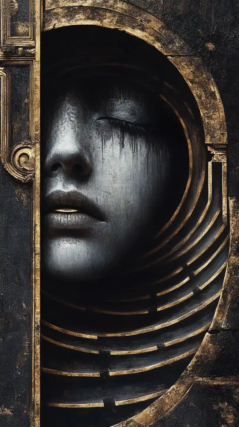 Surreal human face dissolving into an infinite spiral corridor