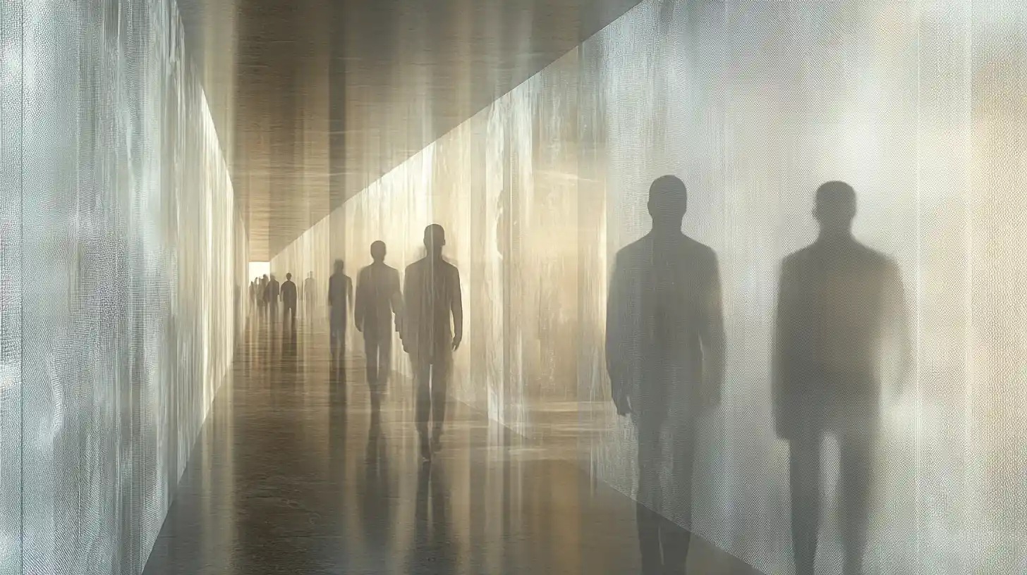 Layered corridor with ghosted human figures in motion