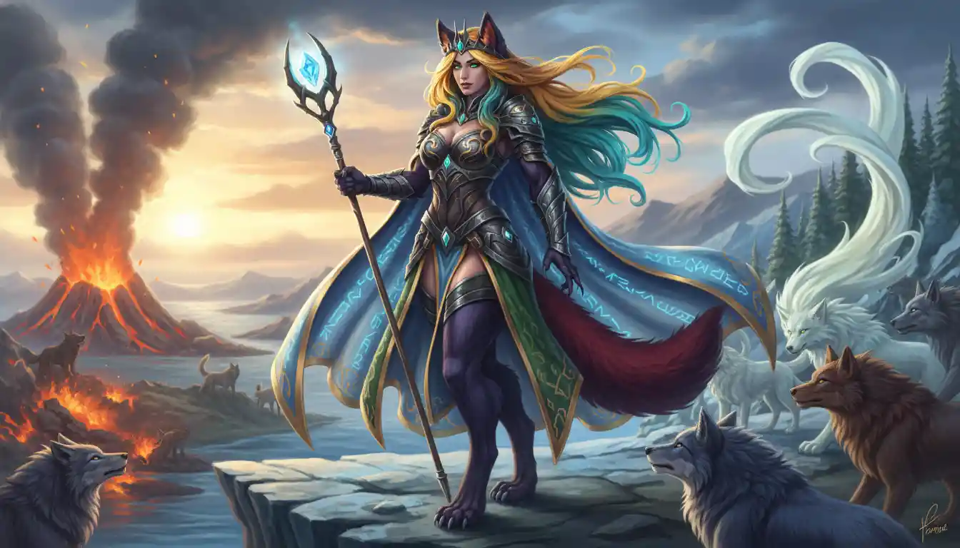 Regal fantasy woman with wolf features in royal garments