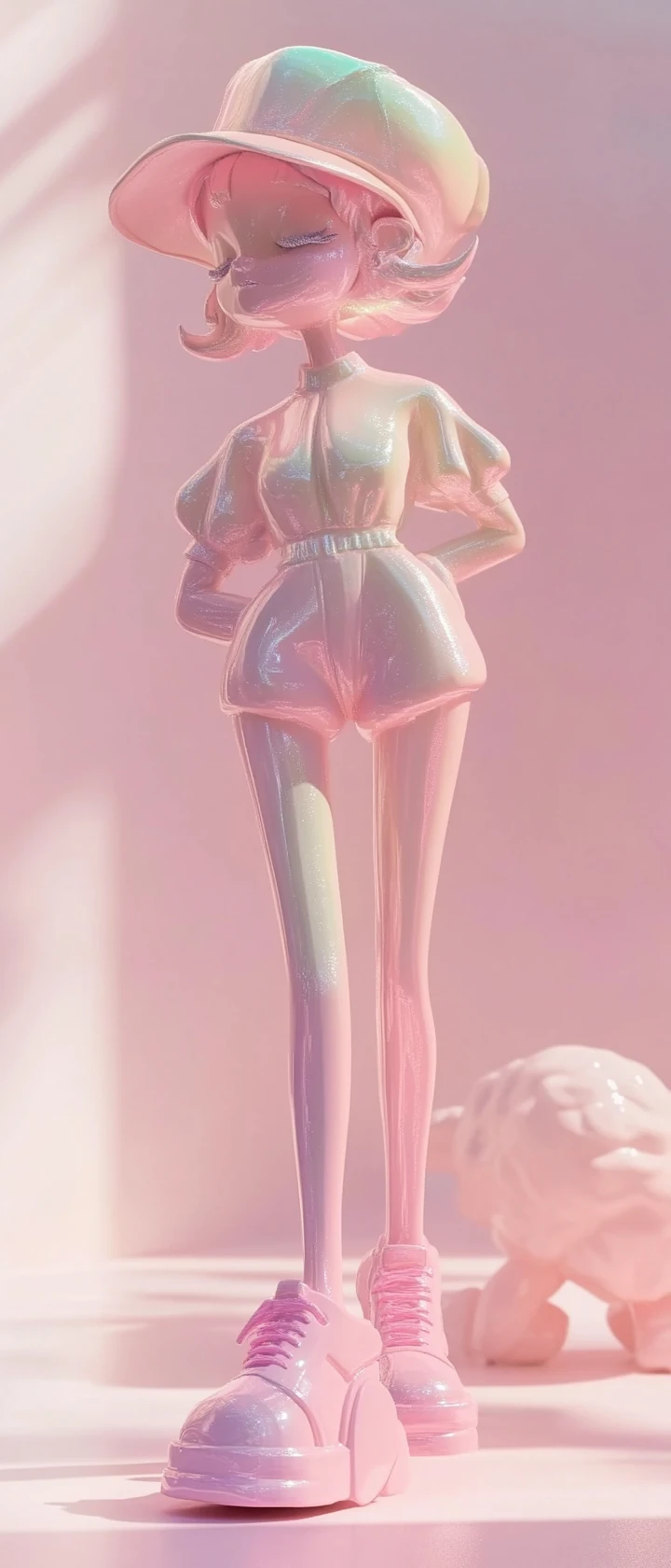 Cute metallic fairy standing in a whimsical pastel scene