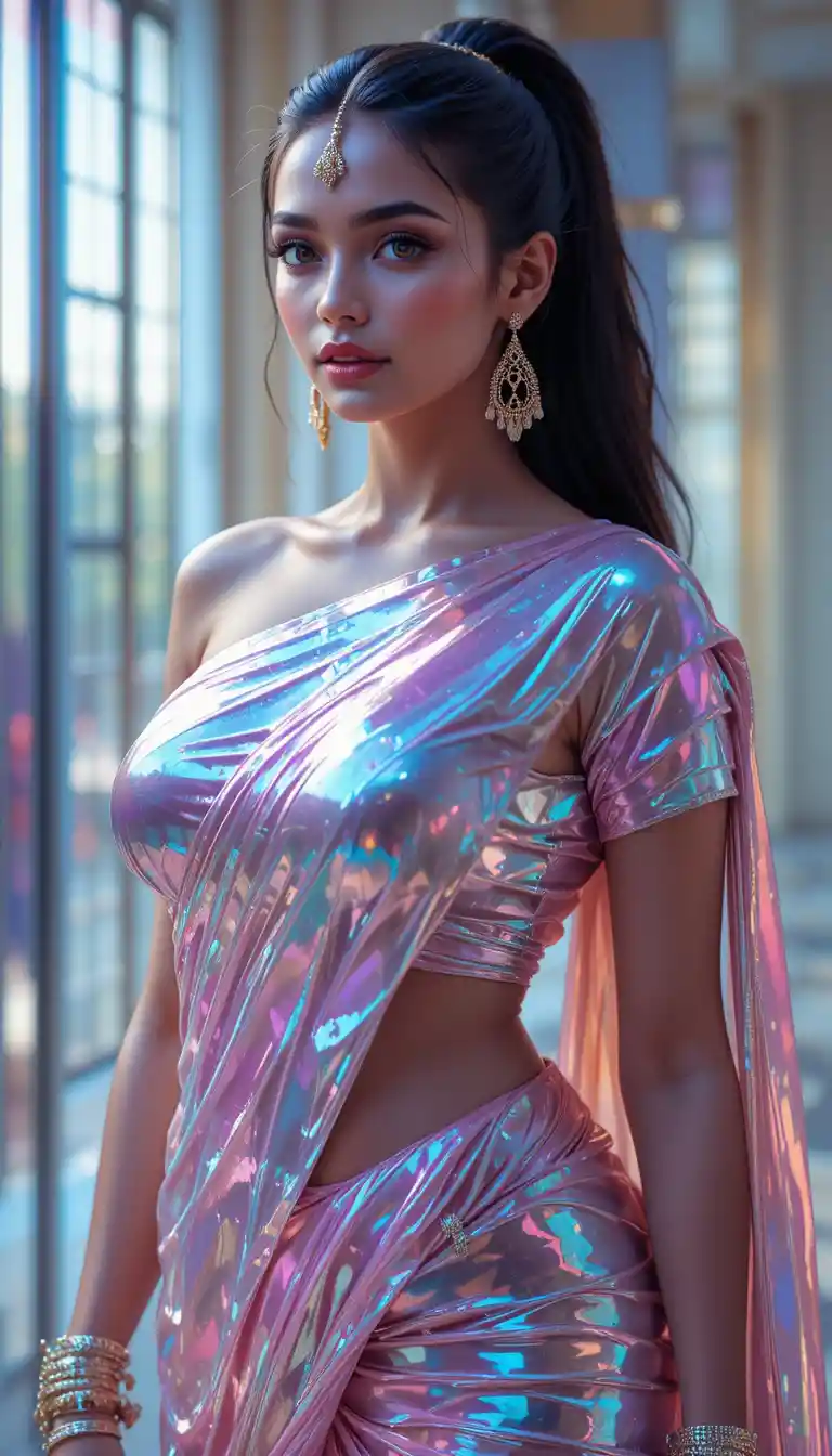 Indian woman in glossy mirror saree full body standing pose