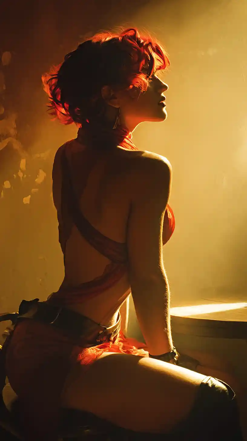 Muscular red haired woman in neon lit cyberpunk room