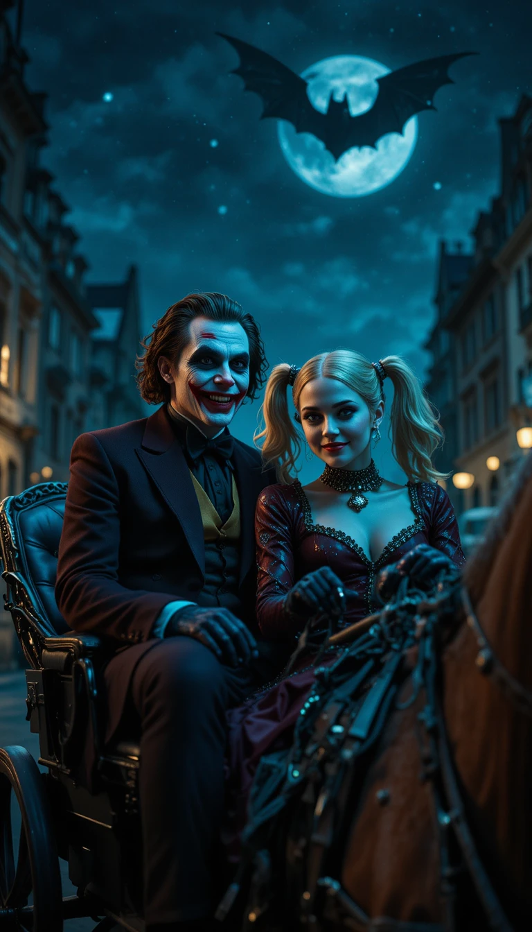 Couple In Face Paint In Horse Carriage Under Night Sky