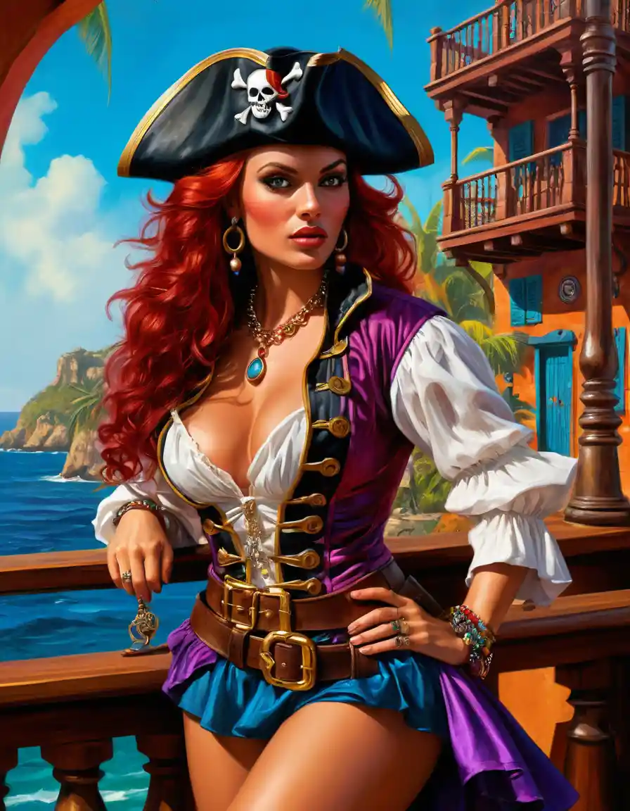 Tanned redhead pirate woman in a colorful inn chamber