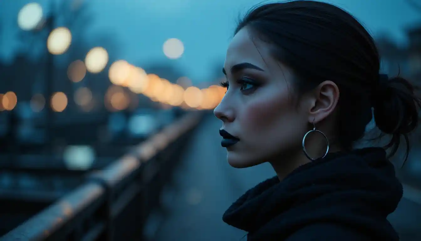 Donna con trucco scuro di profilo contro le luci notturne della città