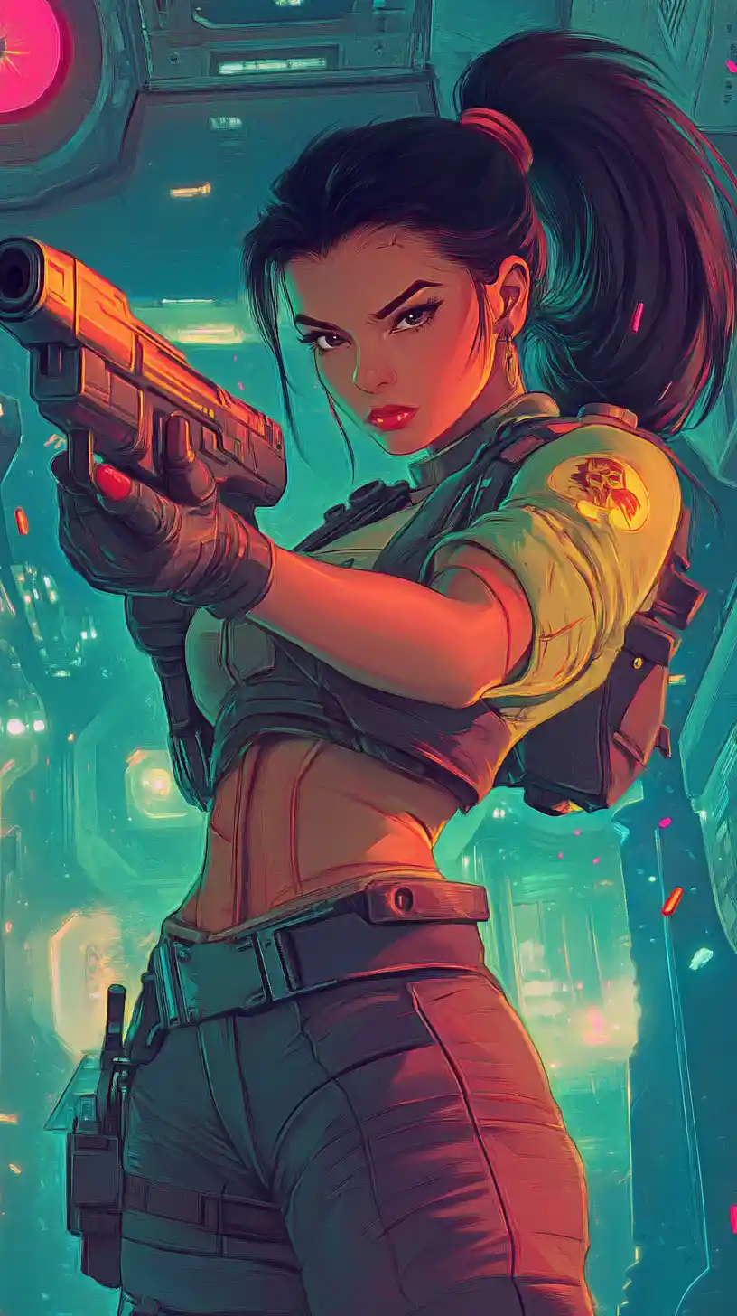 Female bounty hunter firing directly toward the viewer
