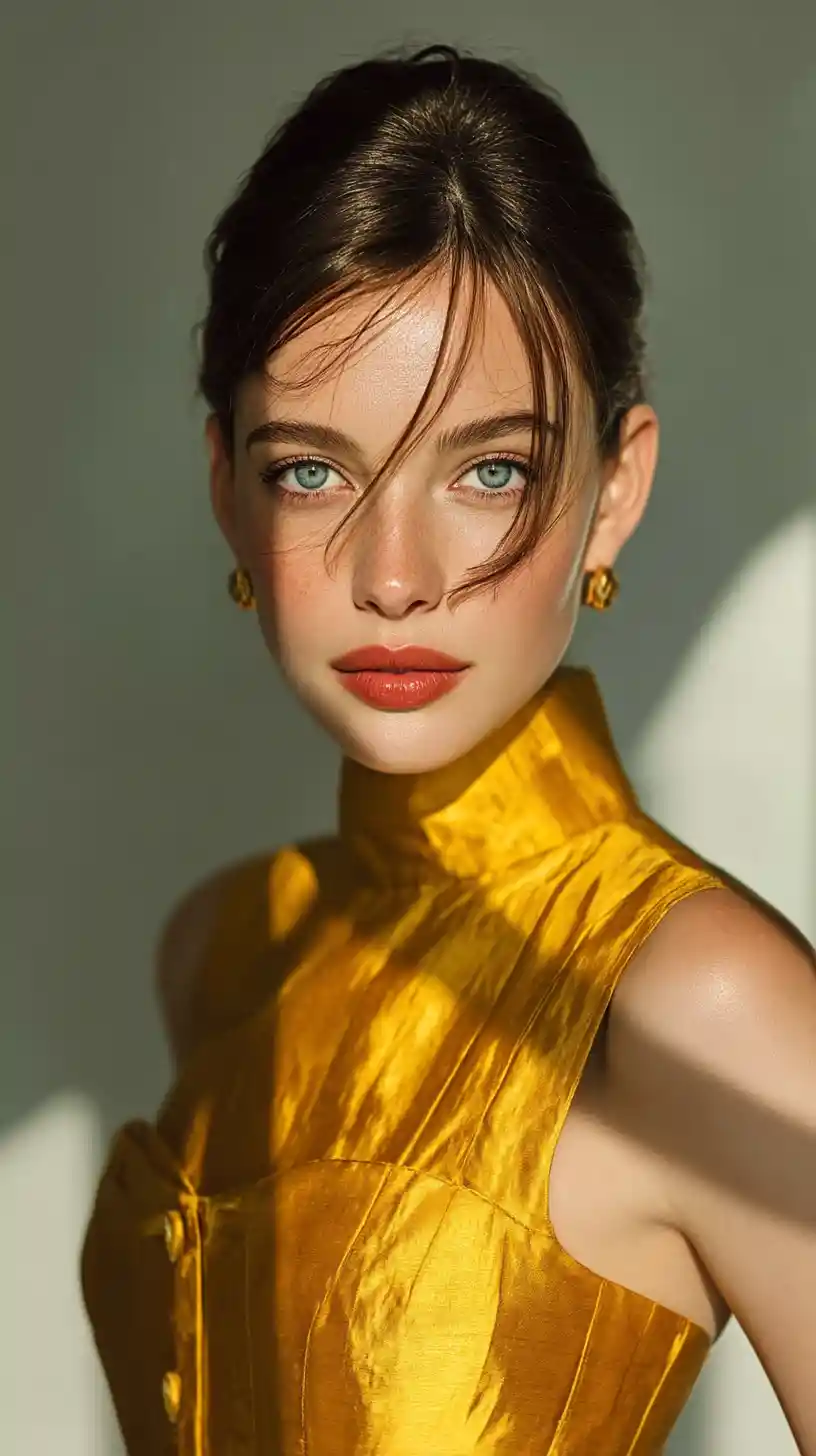 Elegant woman in gold couture dress fashion portrait