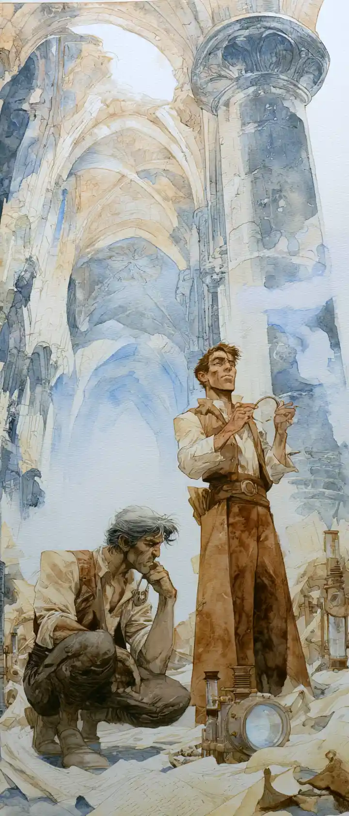Romantic gothic ruins painted in atmospheric watercolor twilight