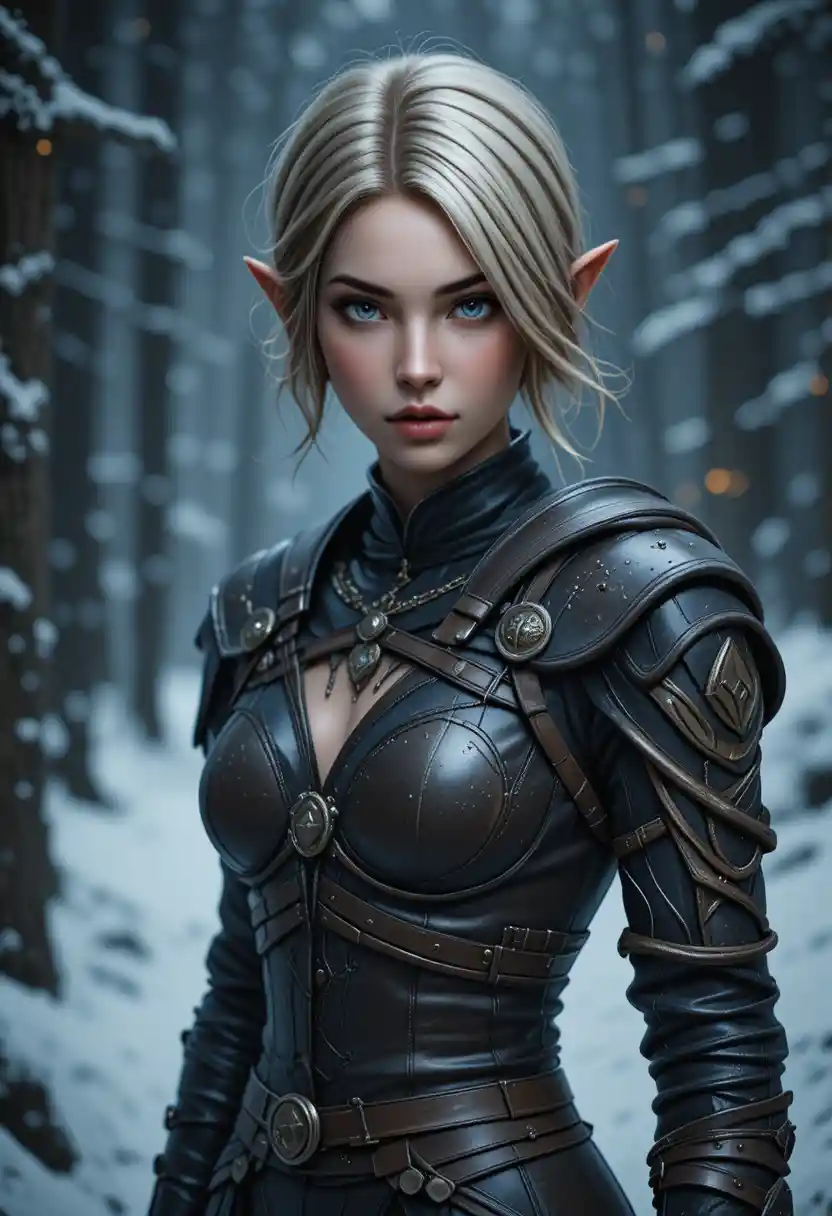 Blond elf rogue woman in leather armor in snowy forest