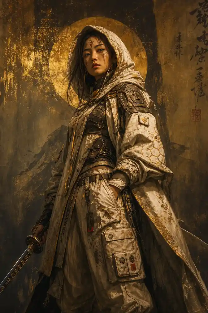 Mystical warrior woman in golden fantasy armor clothing