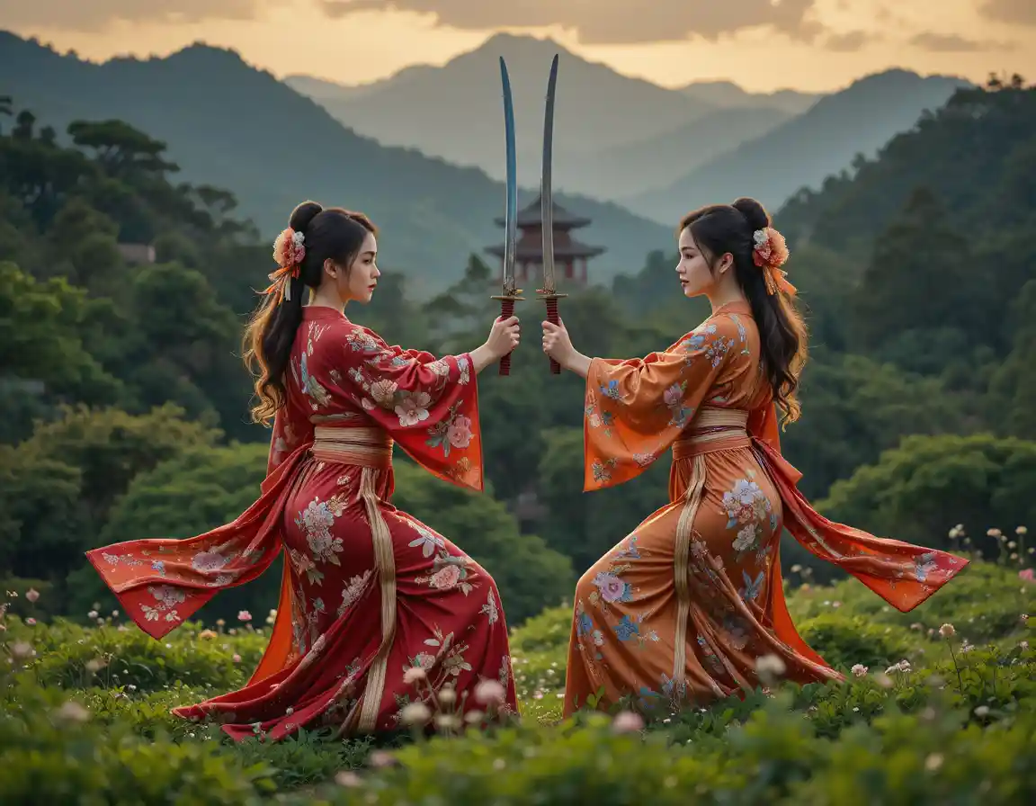 Japanese sword women facing off in a serene forest