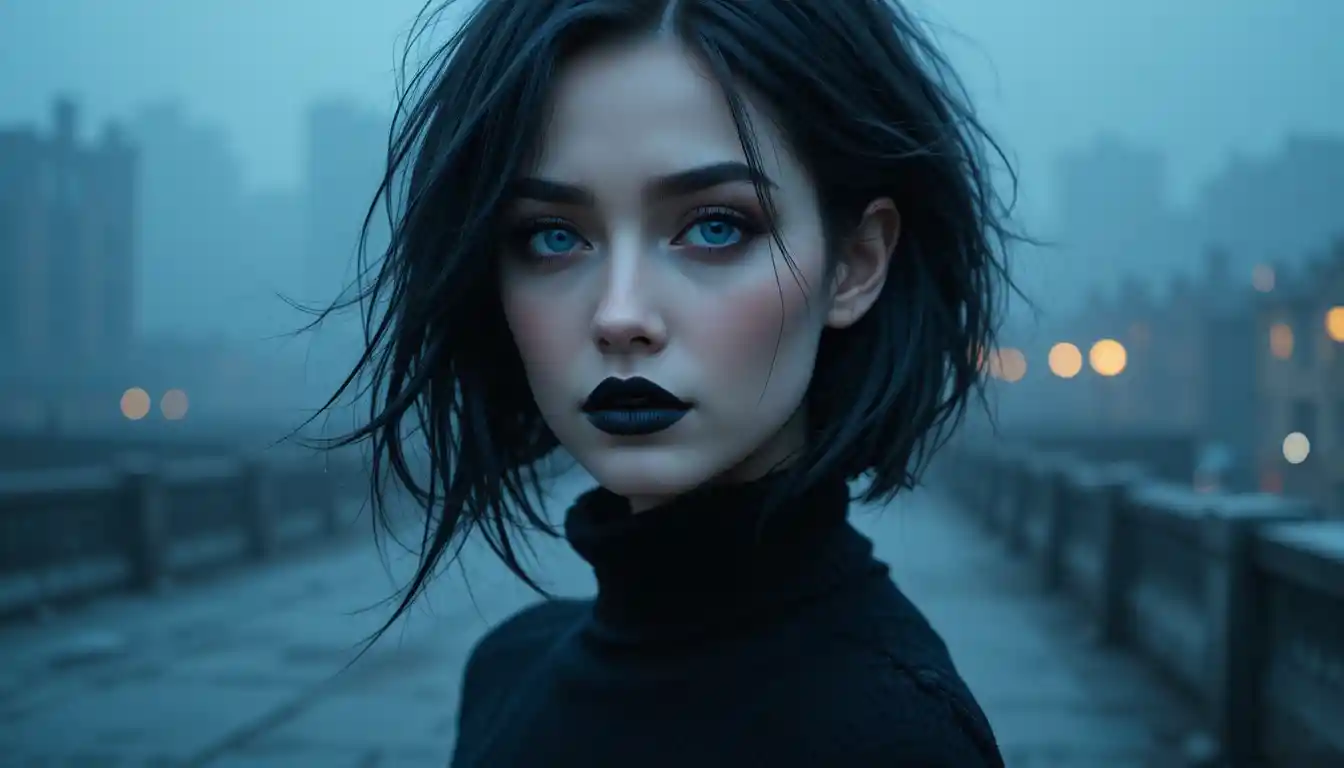 Gothic woman with blue eyes in a foggy city night