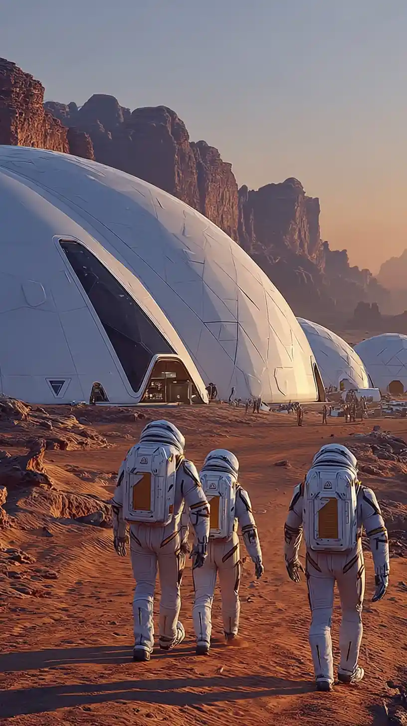 Astronauts approach a futuristic mars base at sunrise