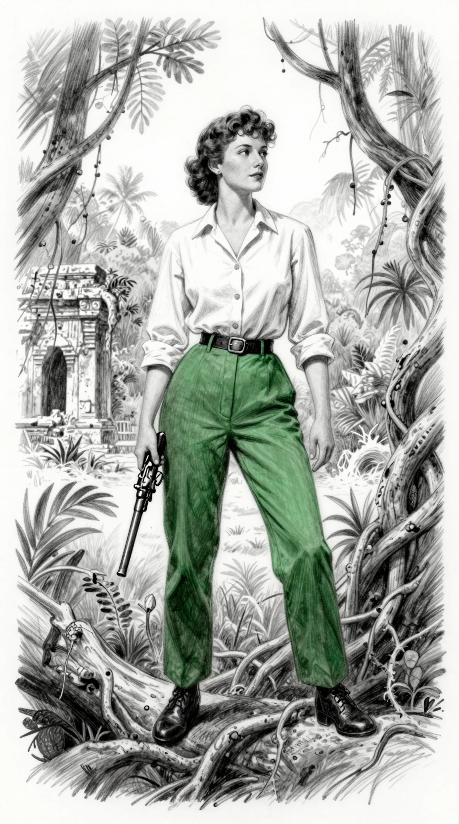 Heroic Englishwoman Adventurer Standing Above a Jungle Ruin