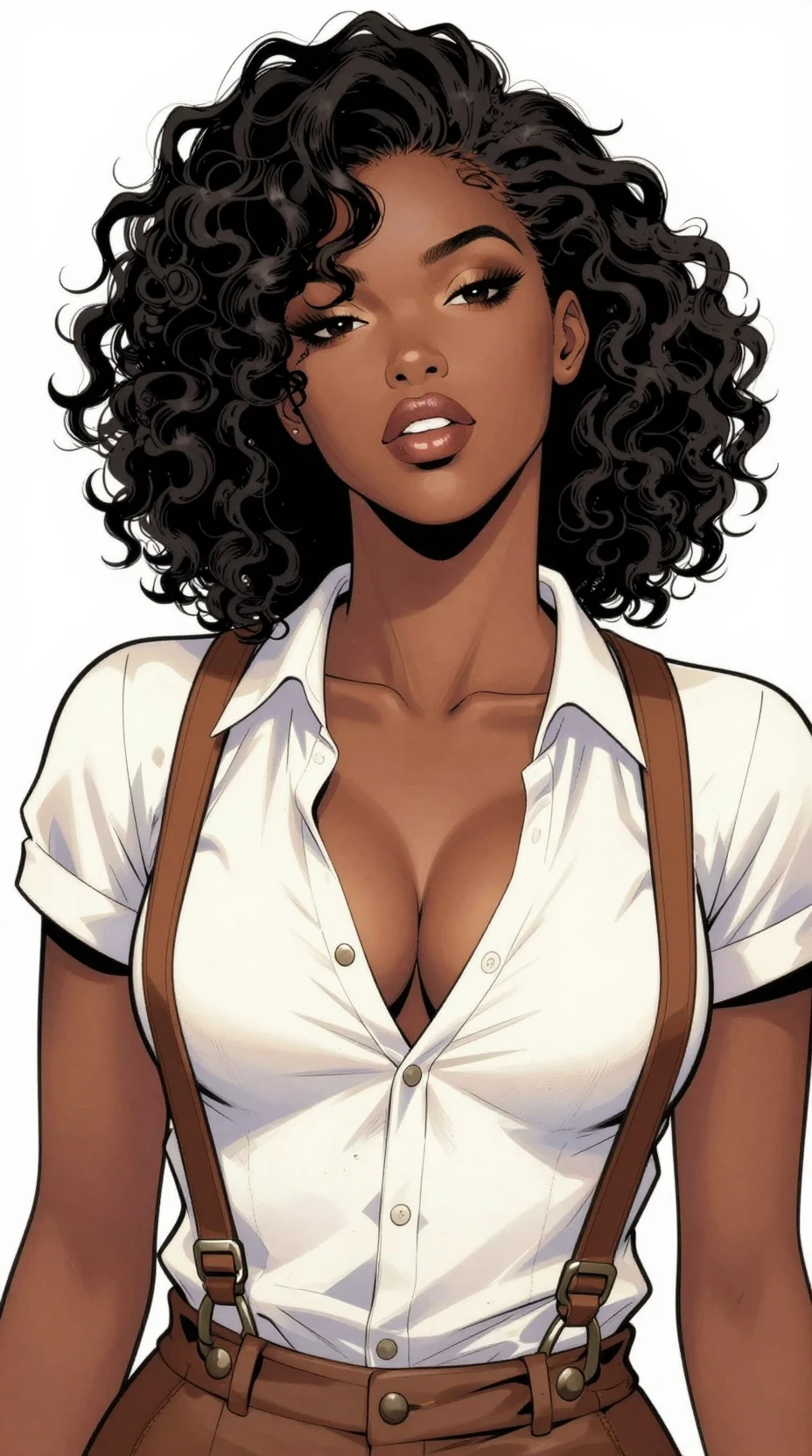 Sensual dark skinned woman in white blouse against white