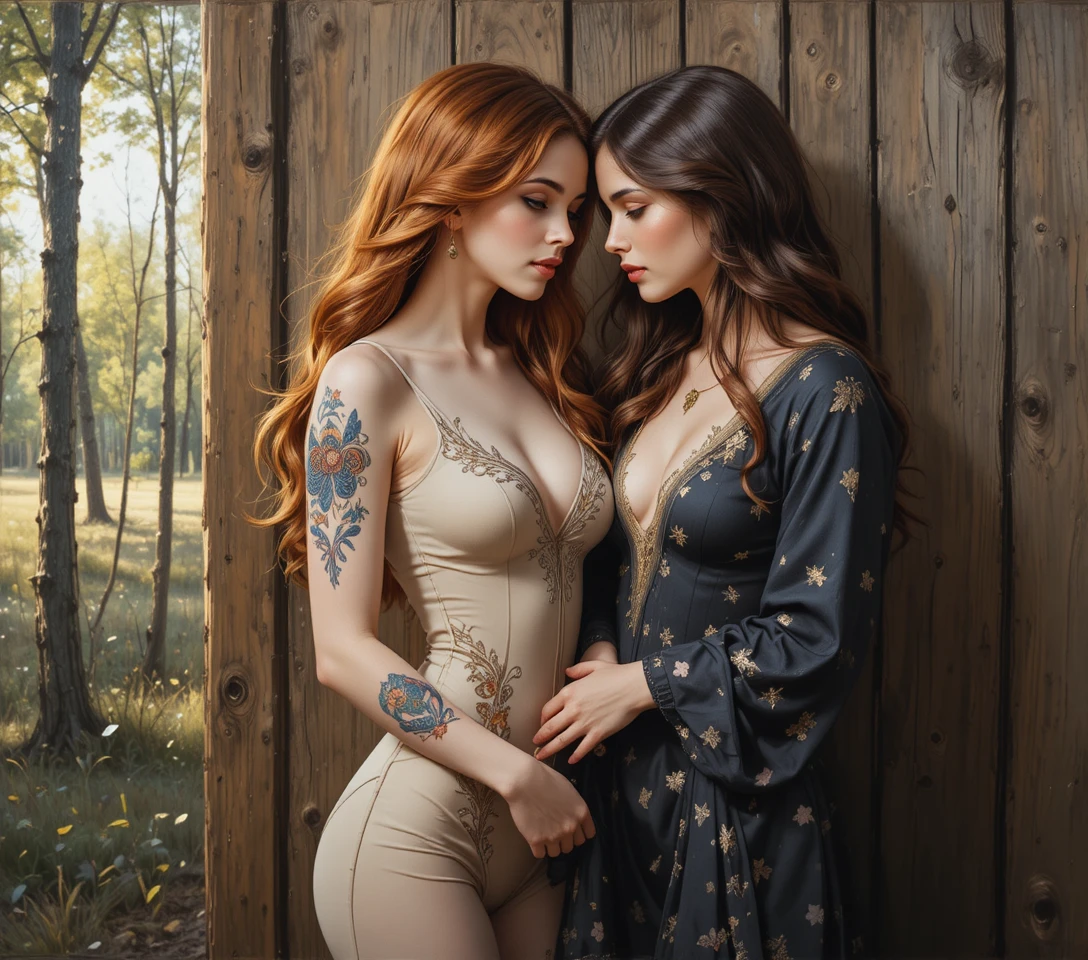 Two young women embracing against rustic wooden wall outdoors