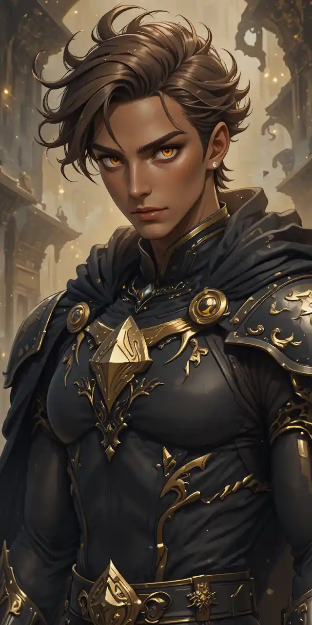 Muscular anime demi dragon warrior with dark bronze skin