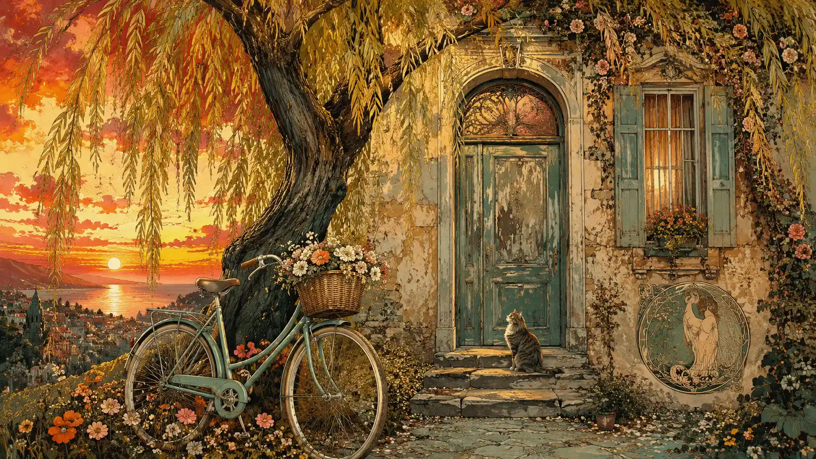 Surreal street facade with willow tree and curious cat