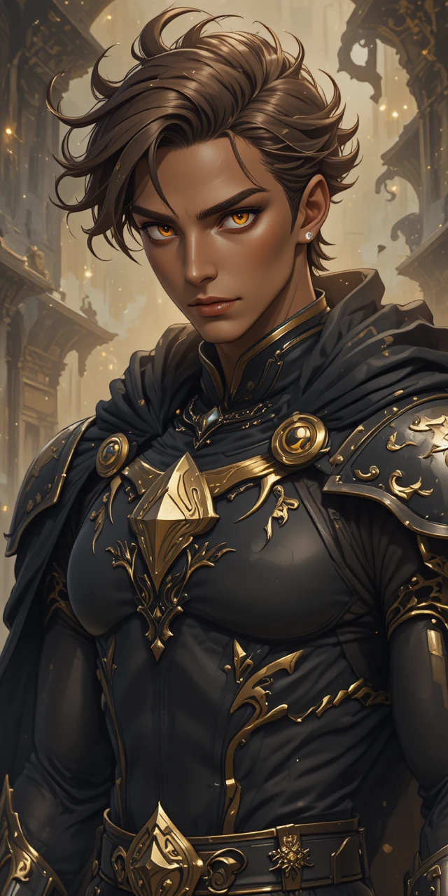 Muscular anime demi dragon warrior with dark bronze skin
