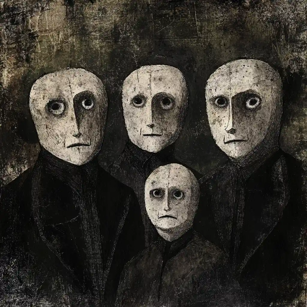 Expressionist golem family portrait with empty staring eyes