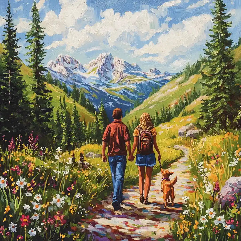 Couple Walking Through Mountain Pass With Playful Puppy