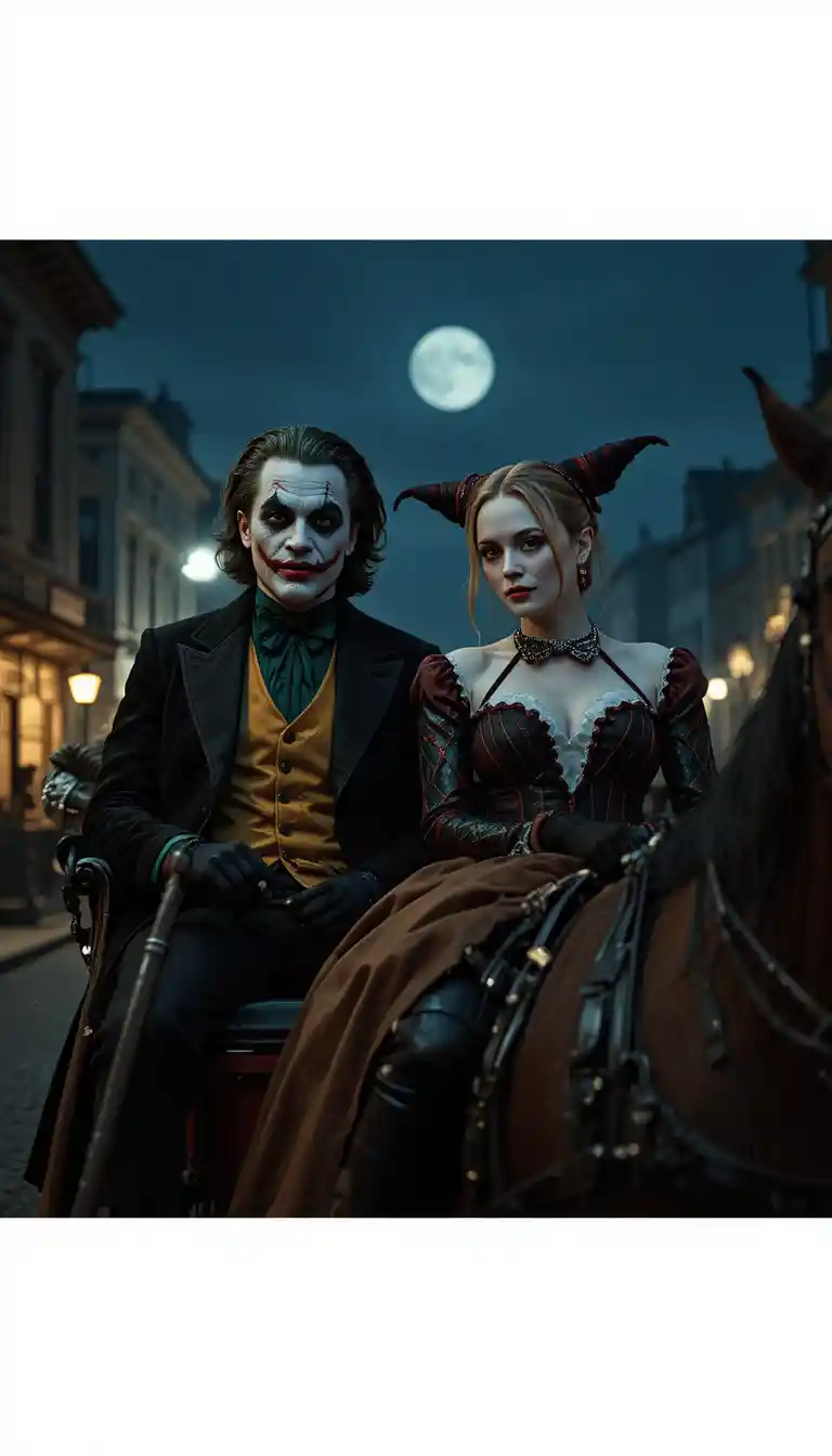Villainous couple in 1800s attire in a night carriage ride