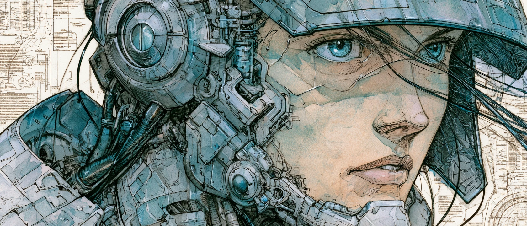 Cyberpunk manga schematics with intricate mechanical linework