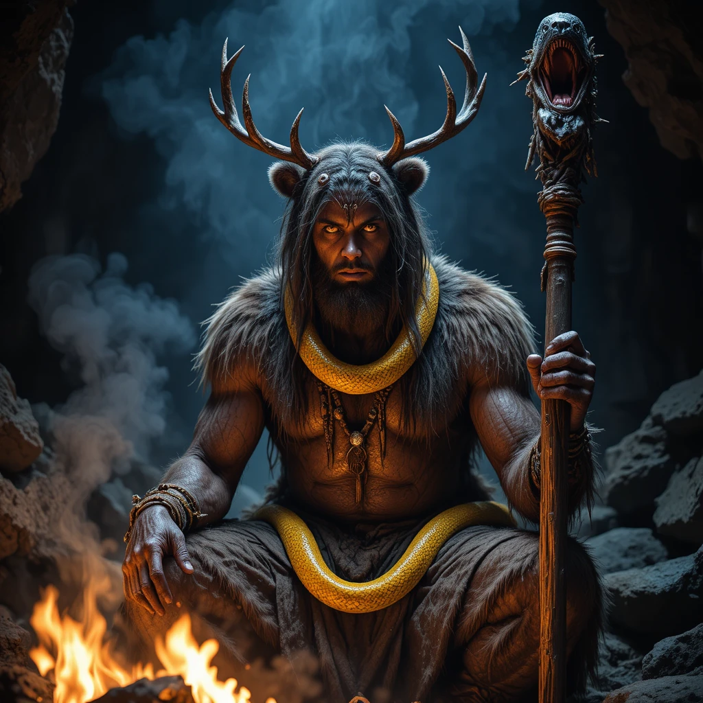 Shaman with antlers before a fire in a dark cave