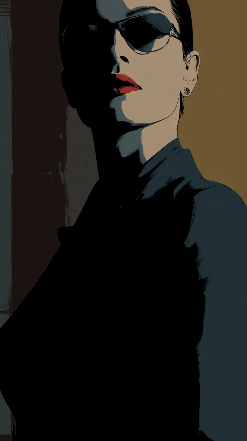 Noir city spy woman under harsh neon night light